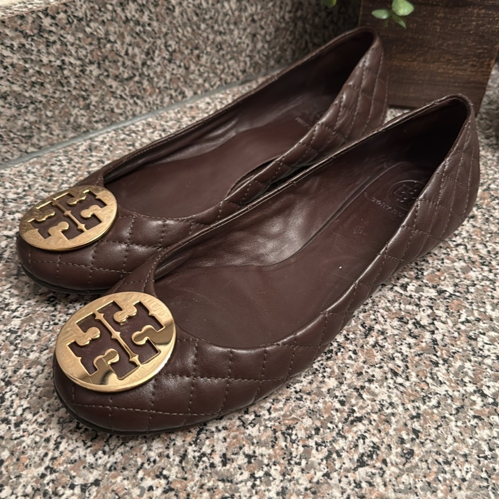 Tory Burch Quinn Quilted Brown Ballet Shoes
